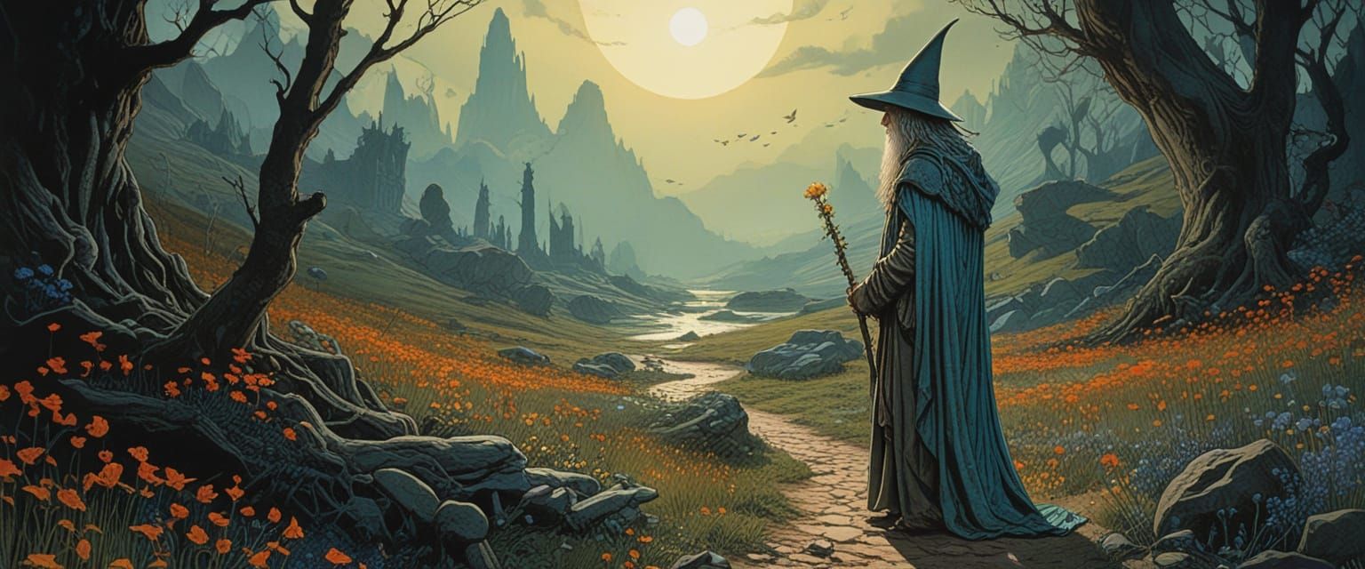 Eerie Wizard in Glowing Forest, Rackham Style