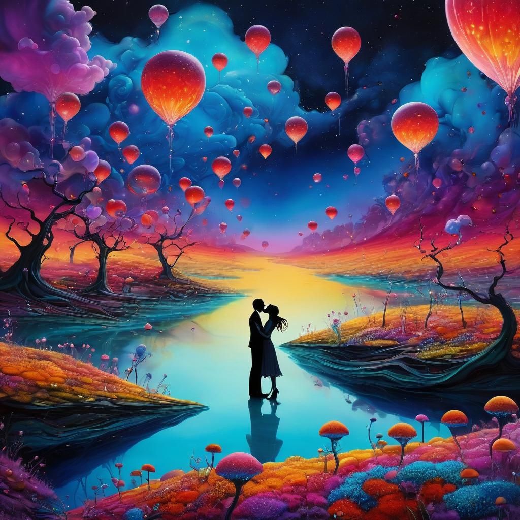 Lovers Kiss in Surreal Dreamscape: Digital Art