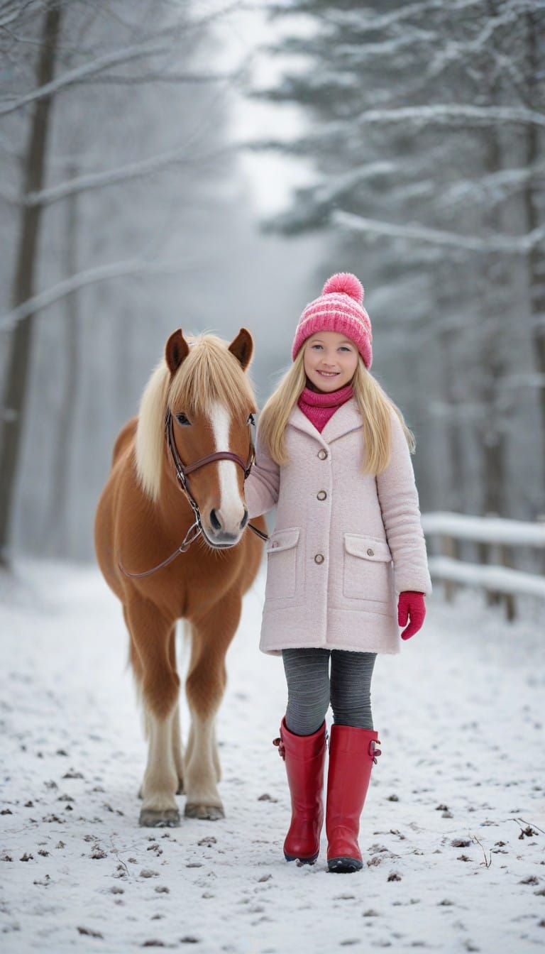 Young Girl Strolls with Shetland Pony through Frosty Winter....