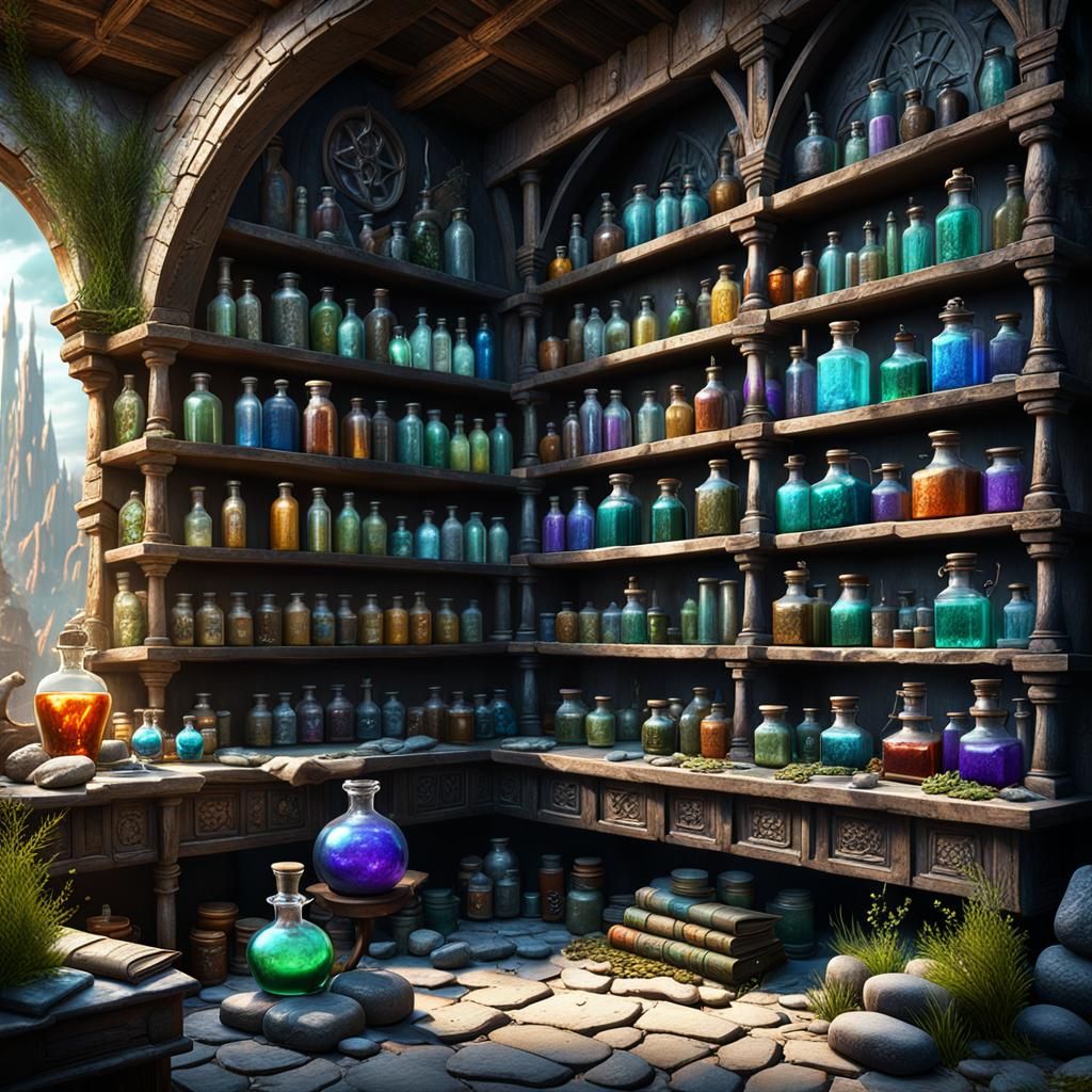 Magical Fantasy Shop Shelf with Potions and Books