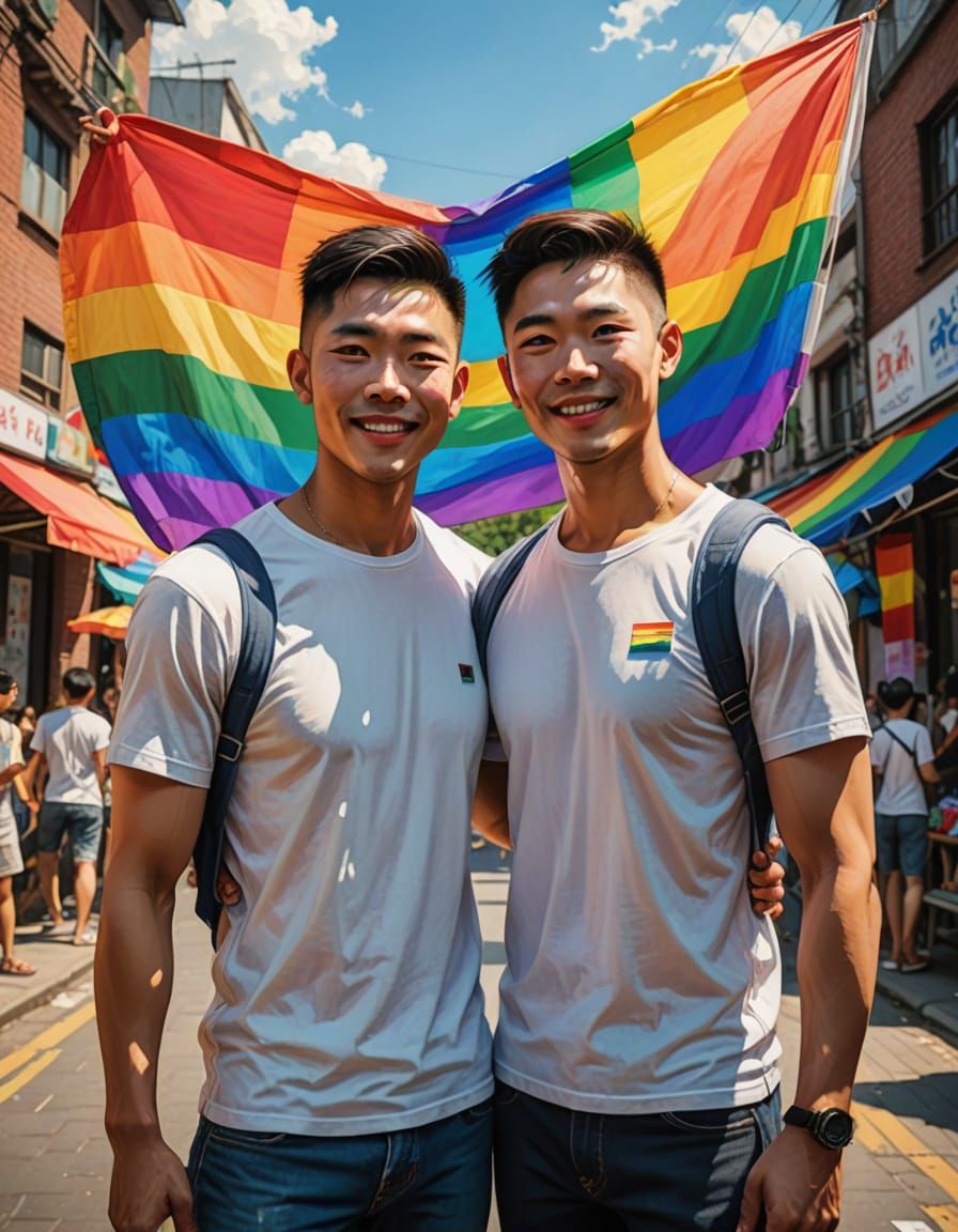 Gay Couple Celebrating Love With Pride Community