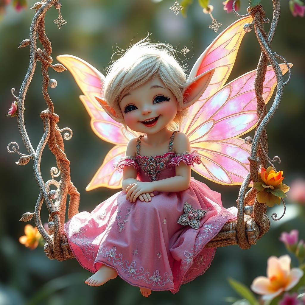 Whimsical Elf on Swing with Iridescent Wings