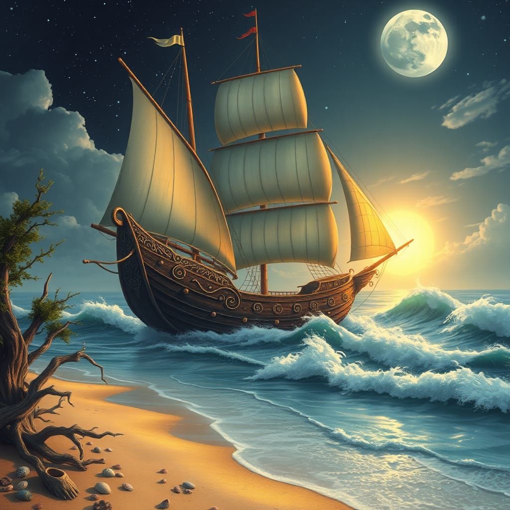 Fantastical Ship at Dawn Under a Starry Sky