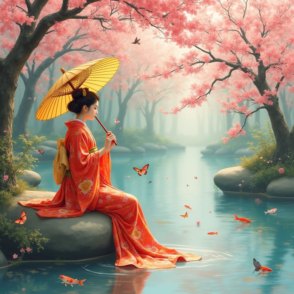 Japanese Woman in Kimono by River