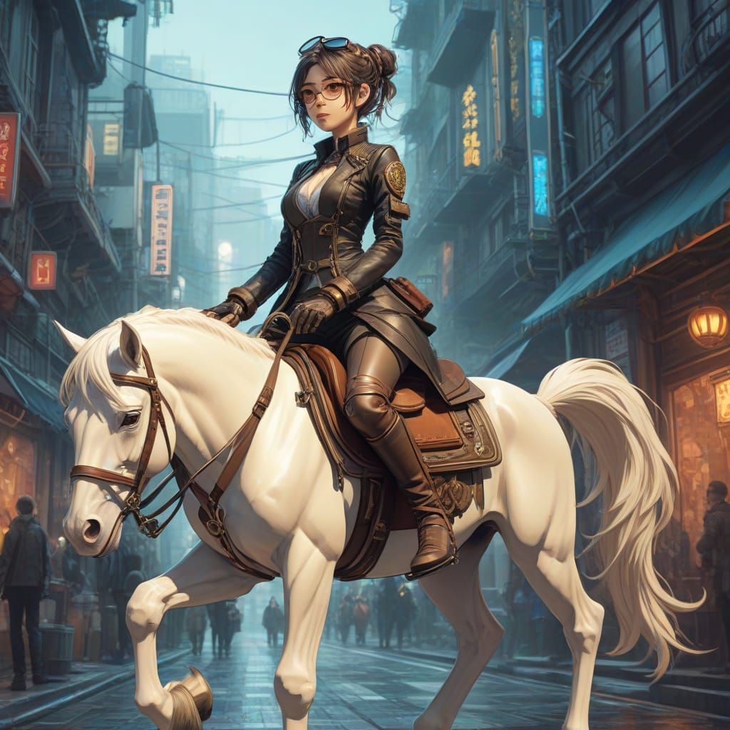 Steampunk Anime Woman Rides Mechanical Horse Through Neon Ci...