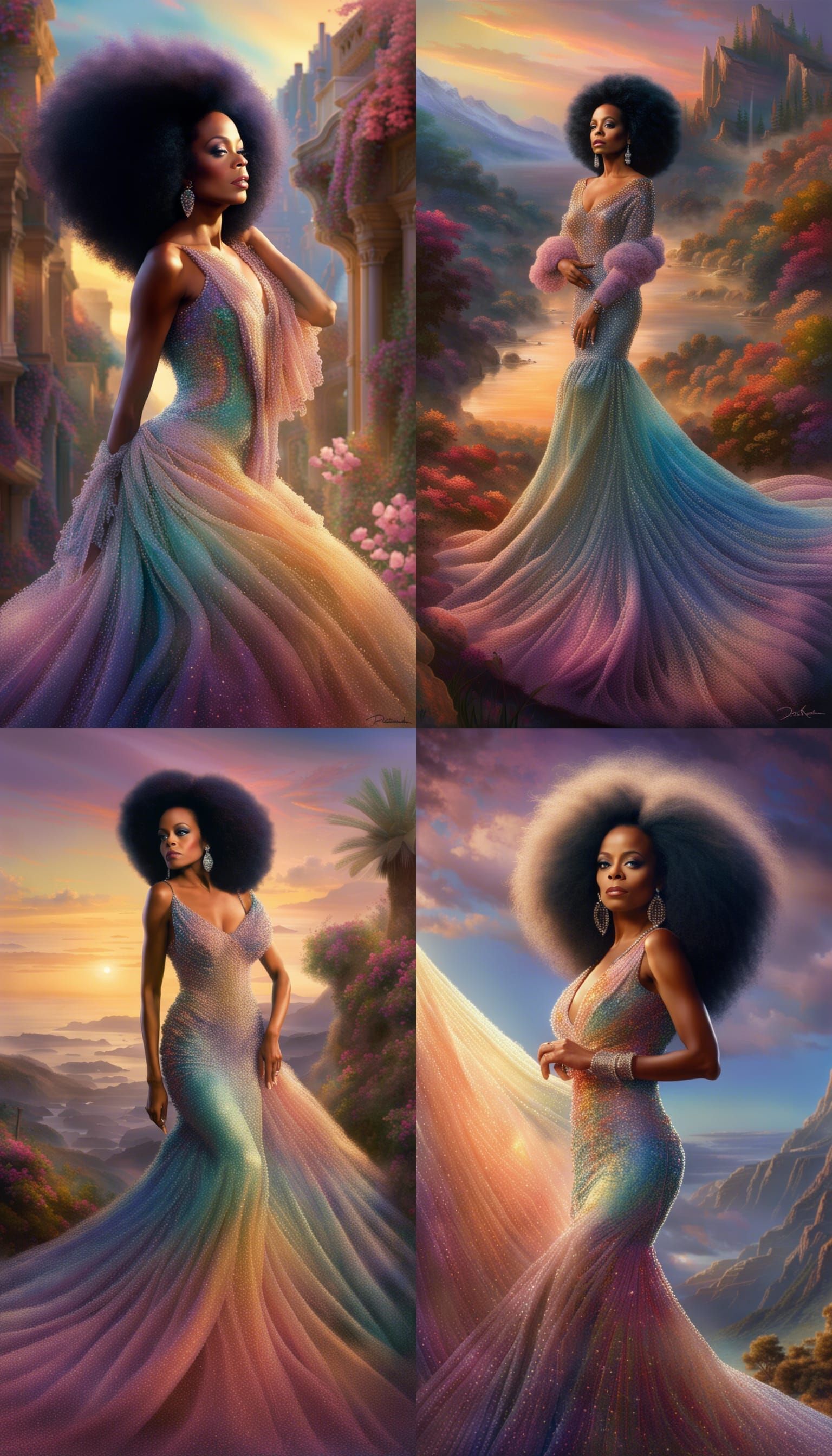 Beautiful Image of Diana Ross in multi color pastel beaded gown late afternoon lighting