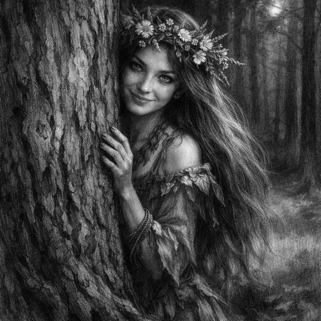 Mavka in Moonlit Woodland Charcoal Drawing