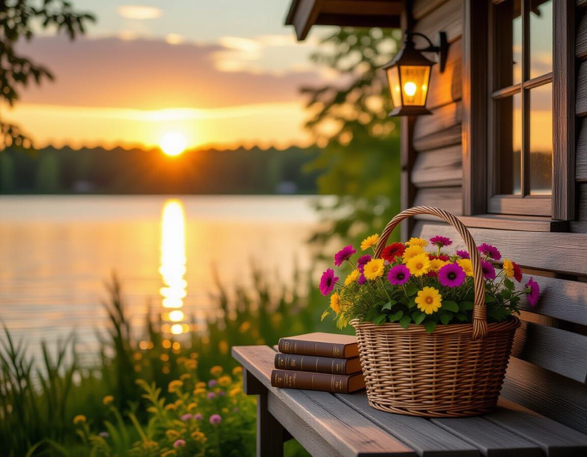 Idyllic Lakeside Sunset with Rustic House