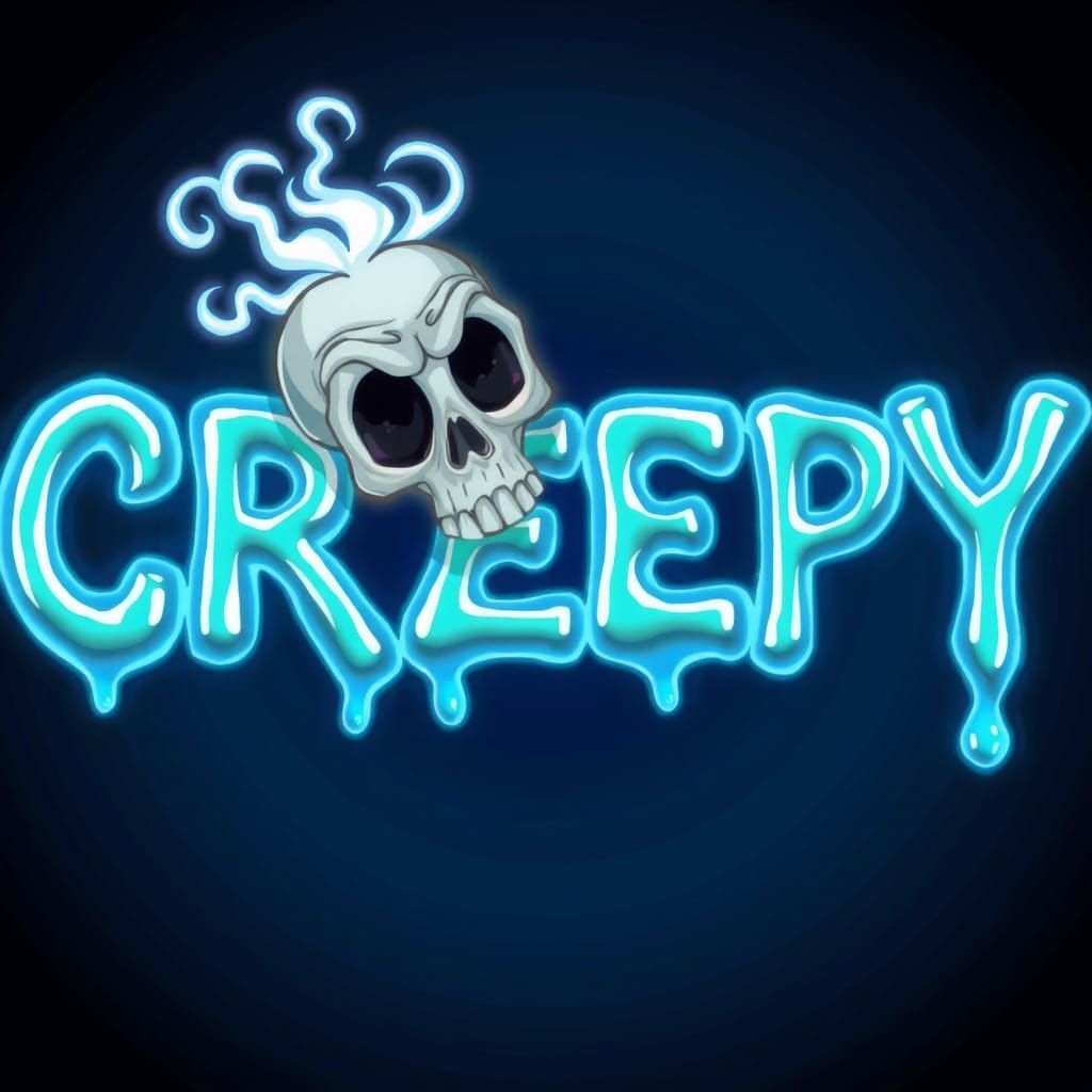 The word “CREEPY” in neon ICE BLUE liquid font where the letters appear to be made of water, using flowing shapes and tr...