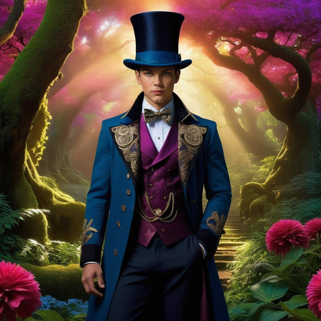 Gothic Surrealist Nephew in Serene Aetherpunk Landscape