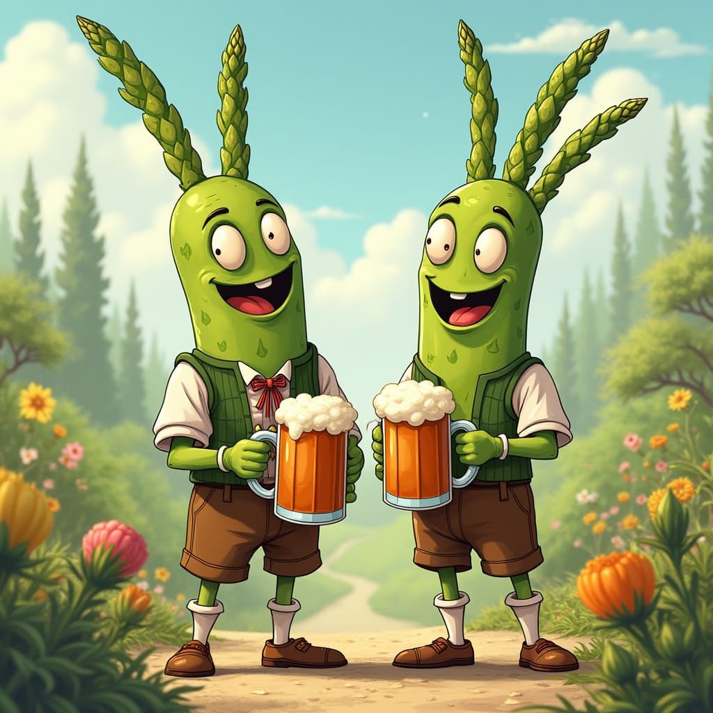 Bavarian Asparagus and Leberkäse Enjoy Beer in Whimsical Sce...