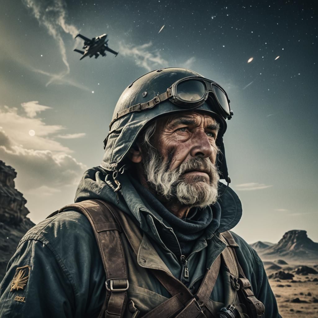 Grizzled Veteran Gazes into Endless Space in Cinematic Style
