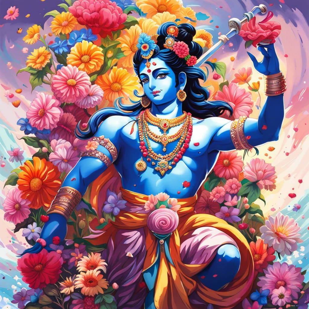 Lord Krishna in Anime Style Flower Garden