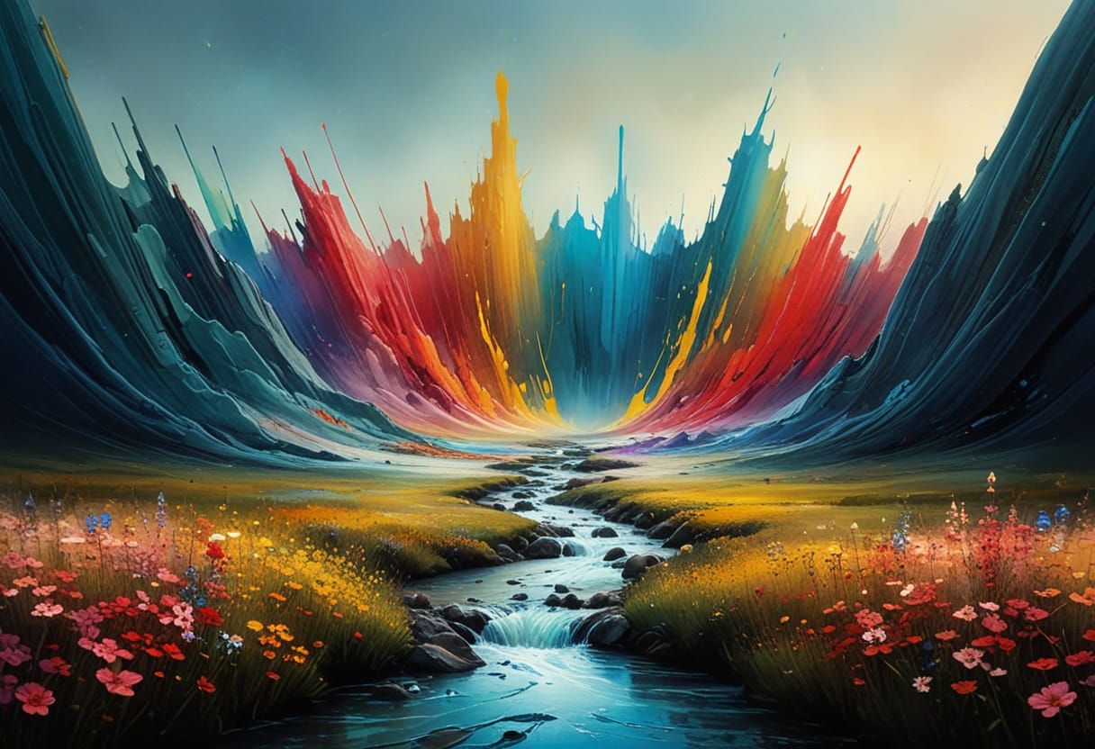 Ethereal Valley of Blooming Flowers at Sunrise