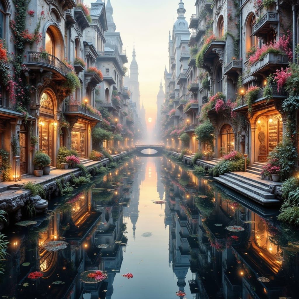 Floral Skyscrapers Reflect in Dawn Cityscape as Digital Art