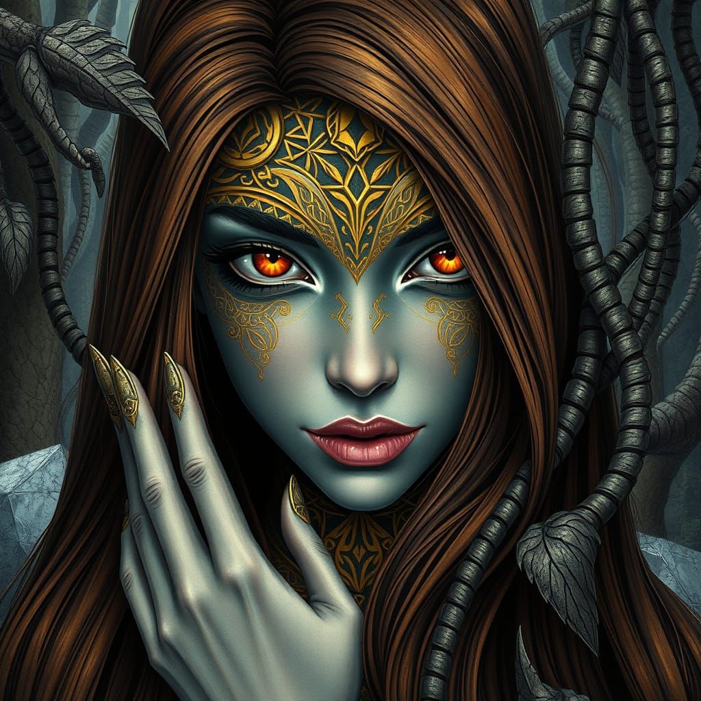 Surreal Quantum Jungle Goddess in Amber Eyes