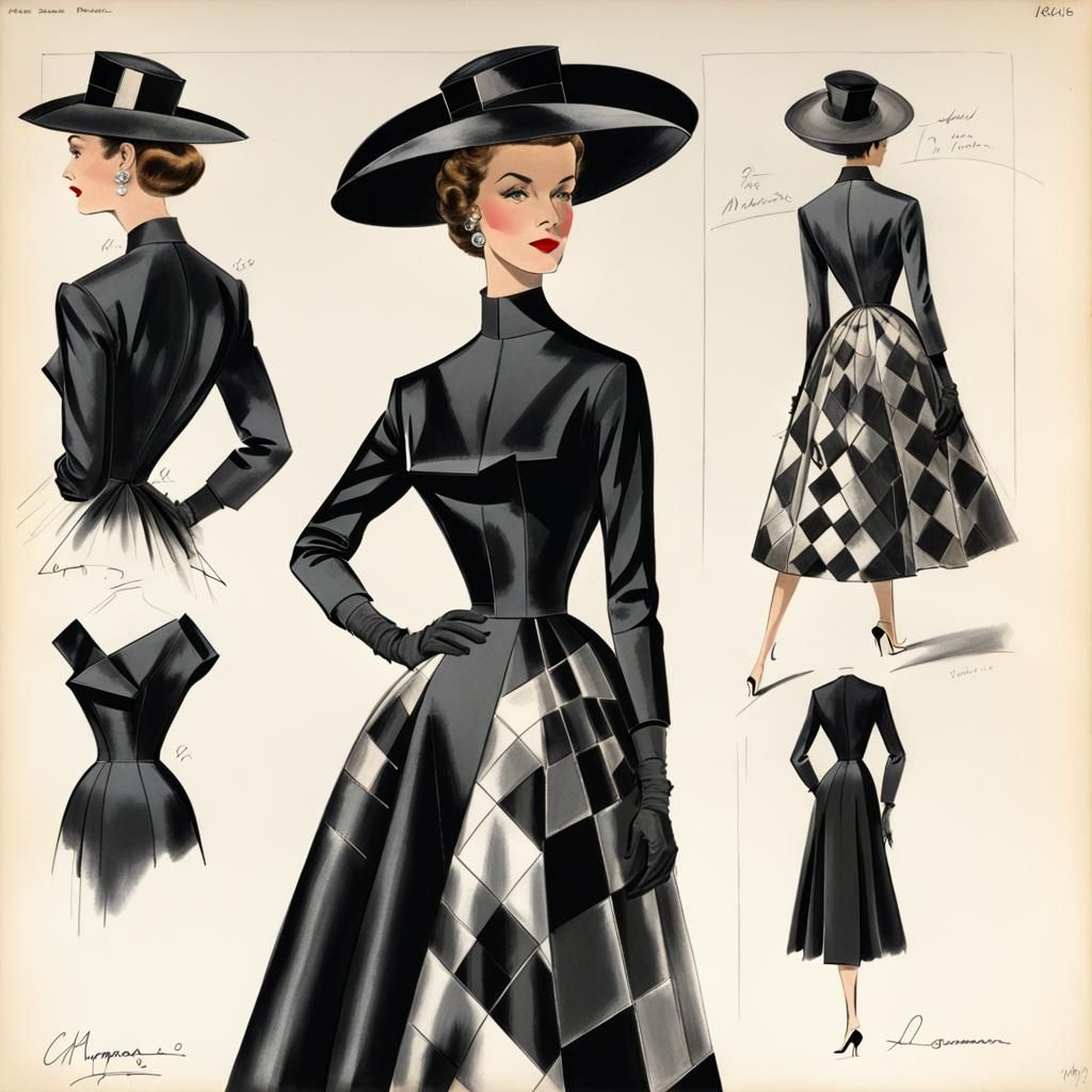 Haute Couture Dress Sketch, 1956: Black Patchwork Design