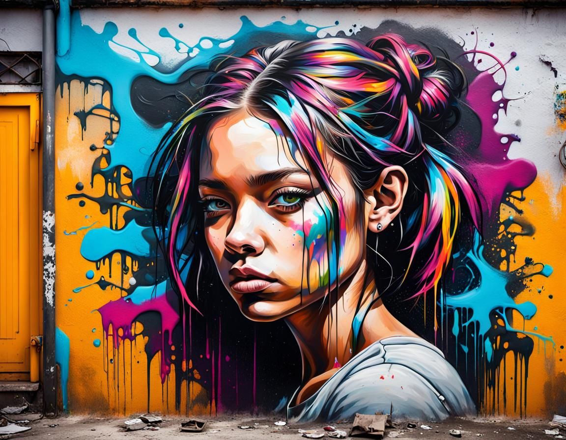 a portrait of a young girl created as graffiti on the wall of a shabby house