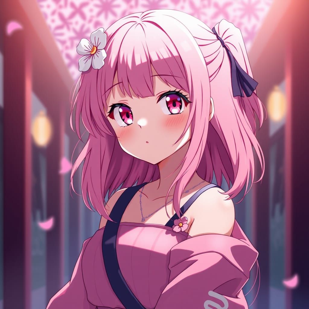 Anime Blossomgirl with Pink Accents in Cel-Shaded Style