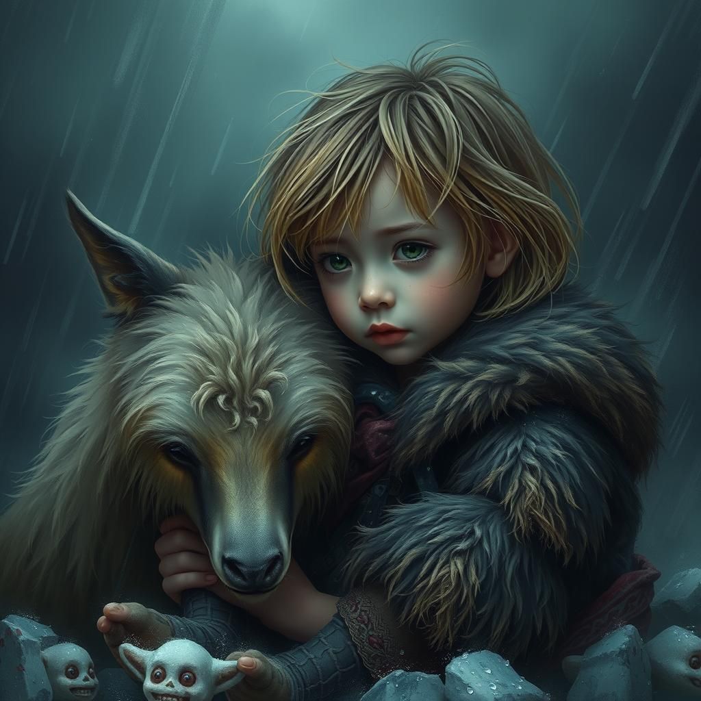 Child and Magical Animal in Storm, Matte Painting