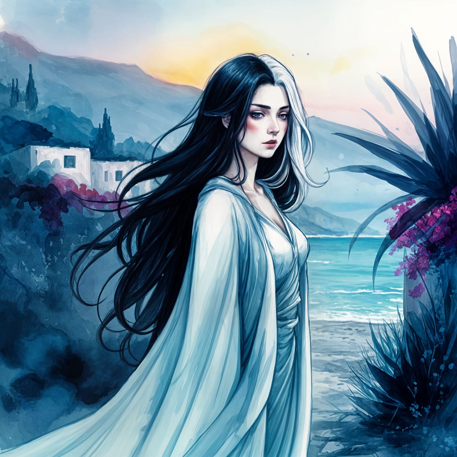 Mysterious Sorceress in Dusk Mediterranean Landscape