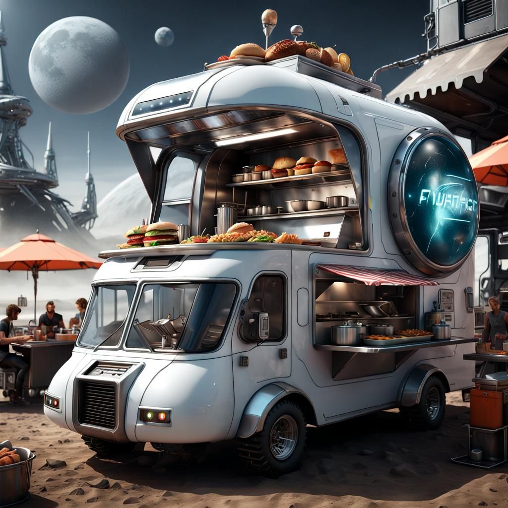 Futuristic Food Truck Hovercraft on the Moon
