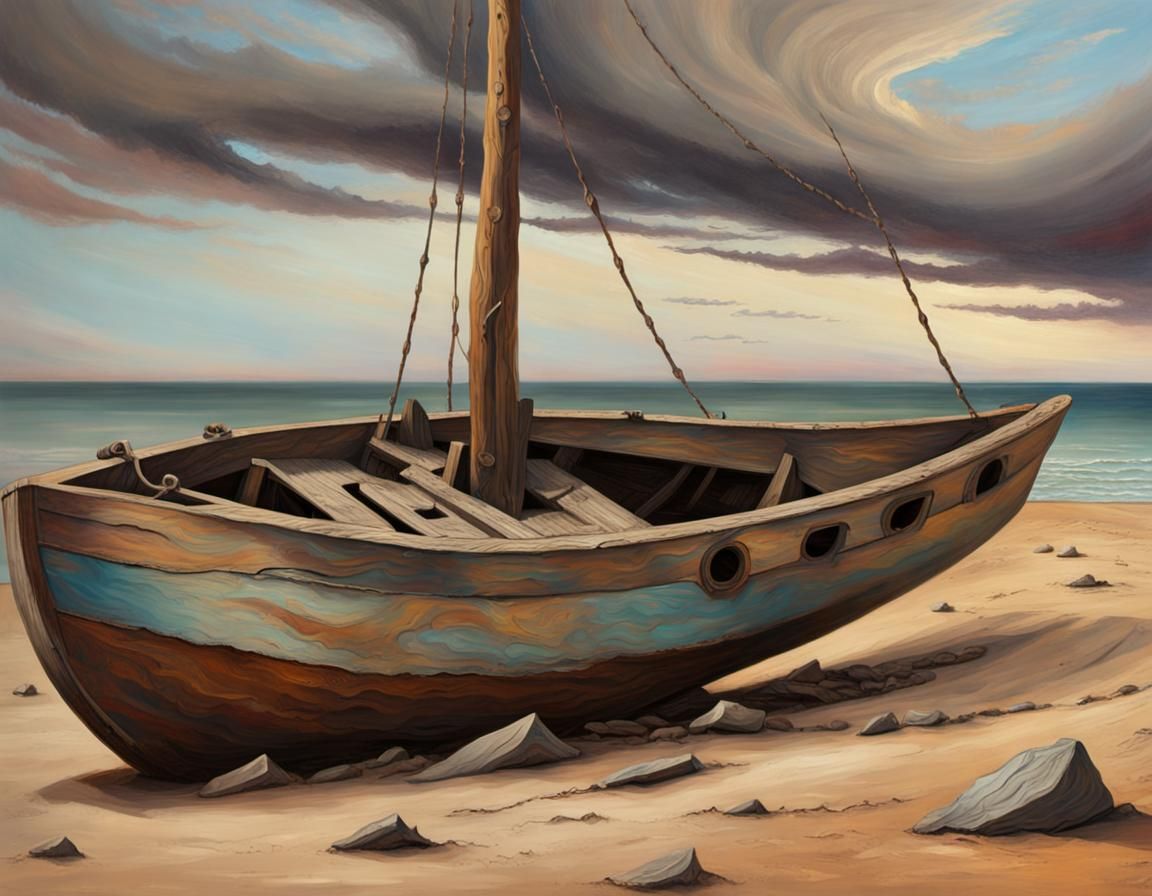 Surrealist Desert Dreamscape with Sailboat Wreck and Swirlin...
