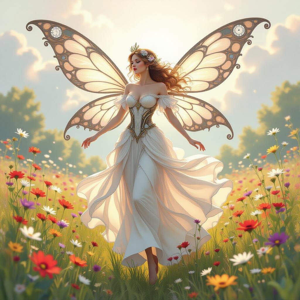 Mechanical Fairy Over Wildflowers in Watercolor Style