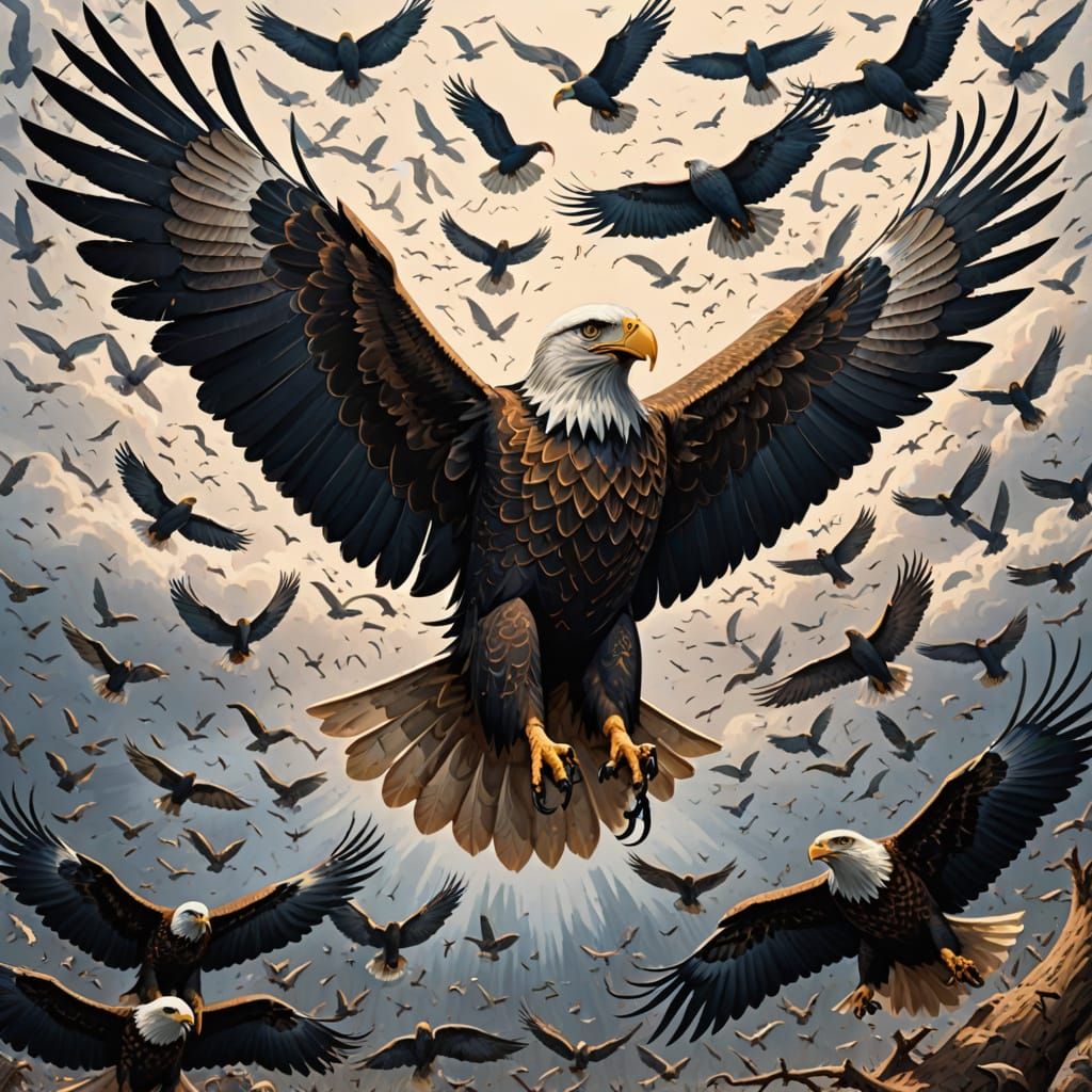 Majestic Divine Eagle in Flight with Bird Flock