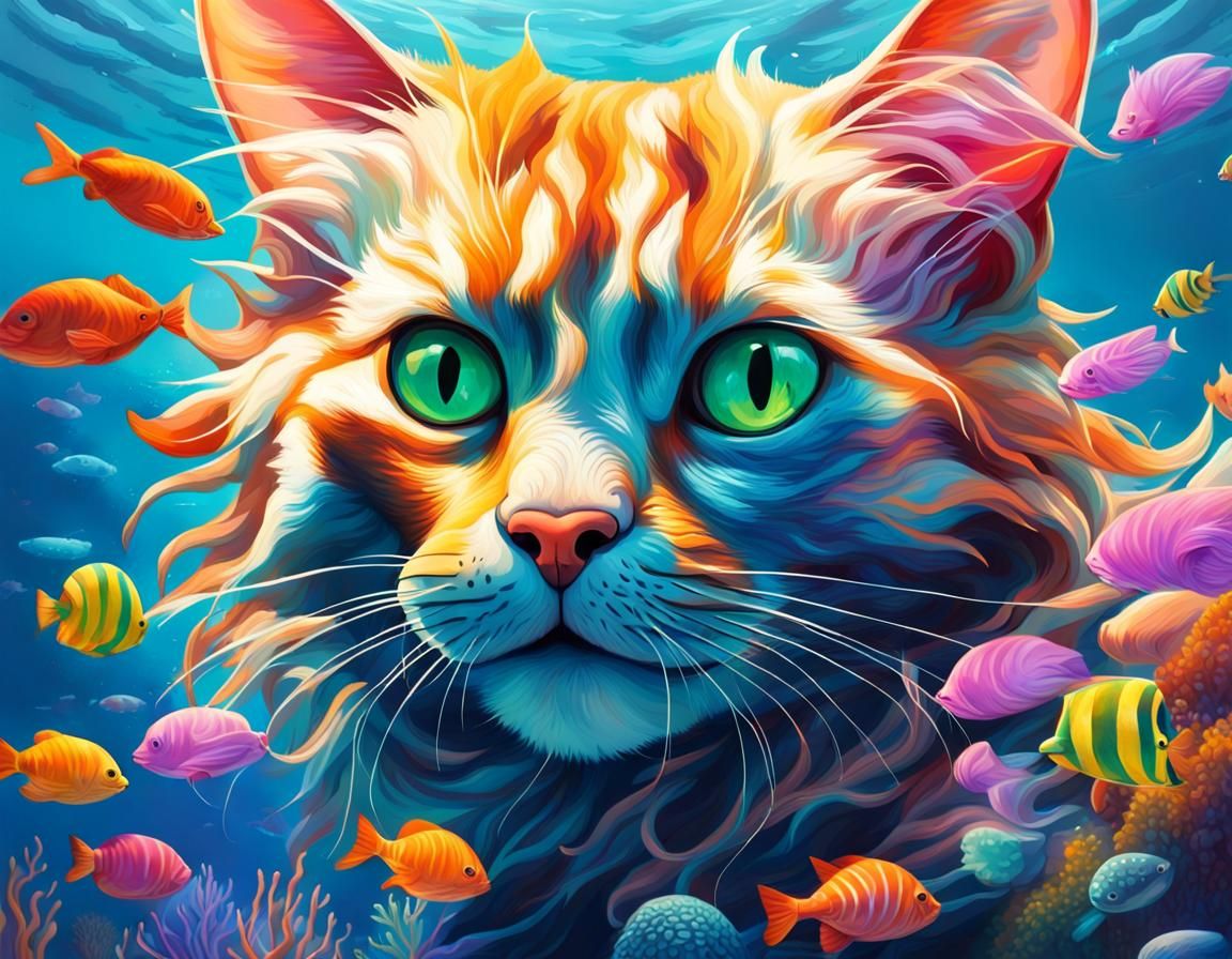 Cat Swimming Underwater in Hyperrealistic Style