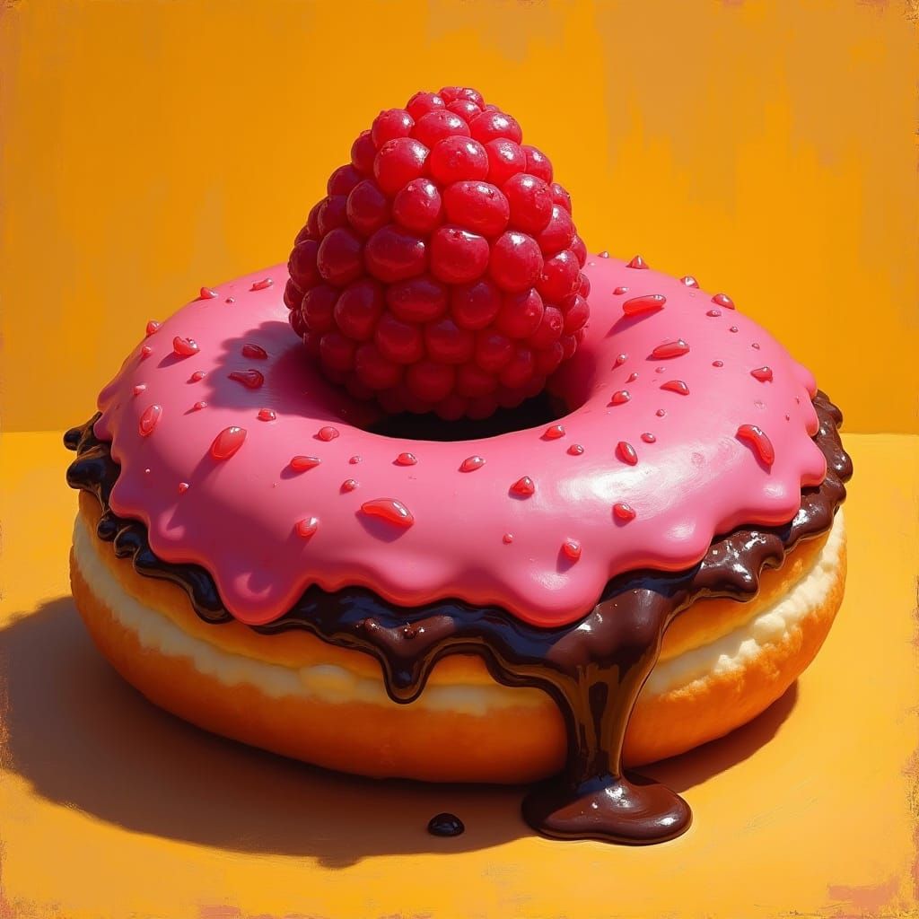 Raspberry Donut with Chocolate, Stylized Still-Life Art