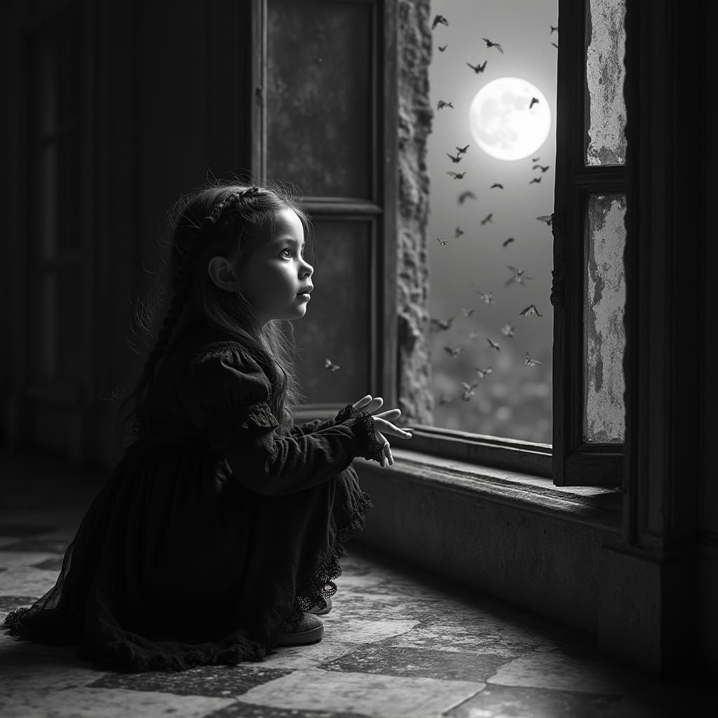 Ethereal Girl in Victorian Black Dress with an Otherworldly ...