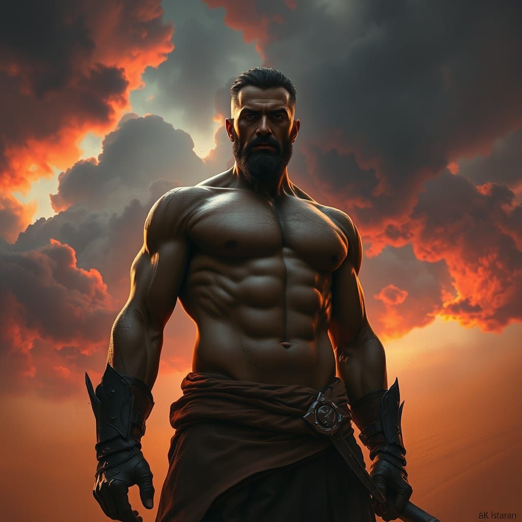 Barbarian in Dark Fantasy Sandstorm, Oil Painting