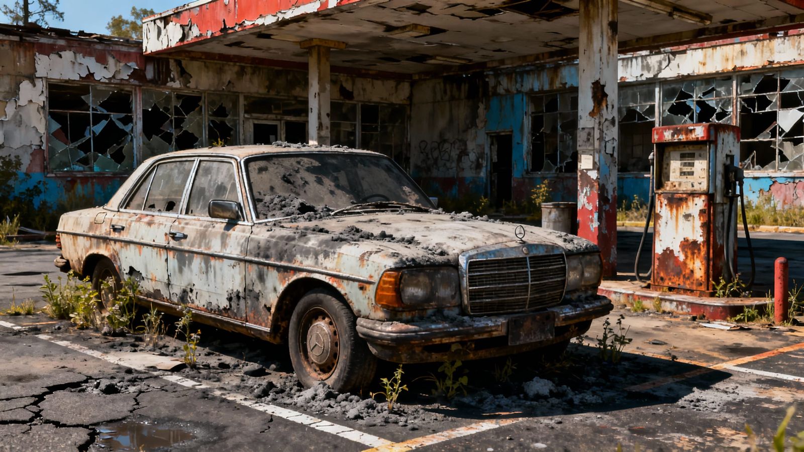 Derelict 1970s Mercedes Benz in Post-Apocalyptic Gas Station