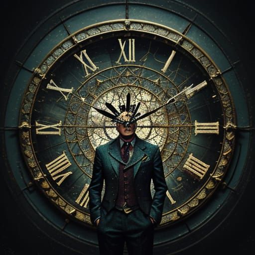 Surrealist Man Surrounded by Melting Broken Clocks