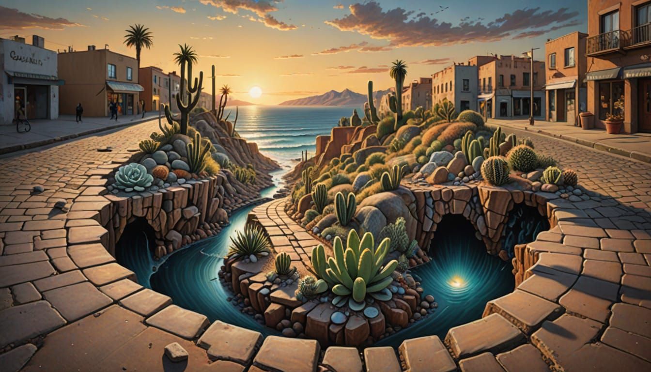 Surreal Cityscape with Winding Road and Serene Sea View