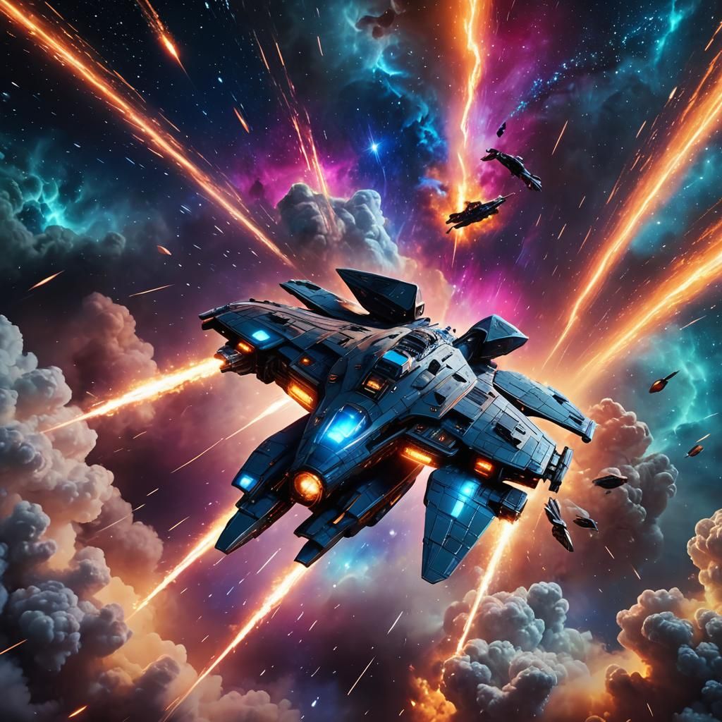 Spaceship Soaring Through Nebula Clouds in Neon Colors