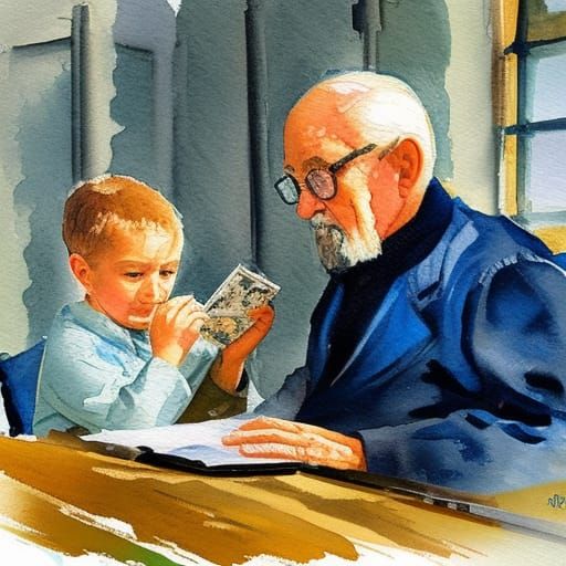Grandfather Shares Memories: Gouache Watercolor Painting