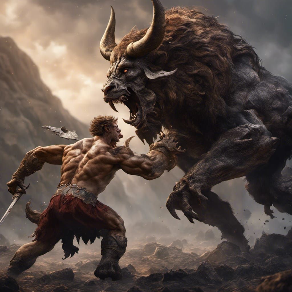 Minotaur and Griffin Battle: Fantasy Concept Art