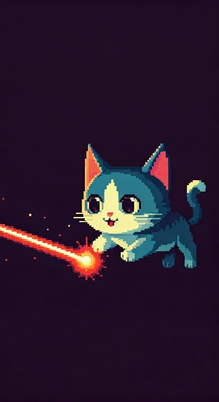 Pixel Art Cat Chasing Laser Pointer in 8-Bit Style