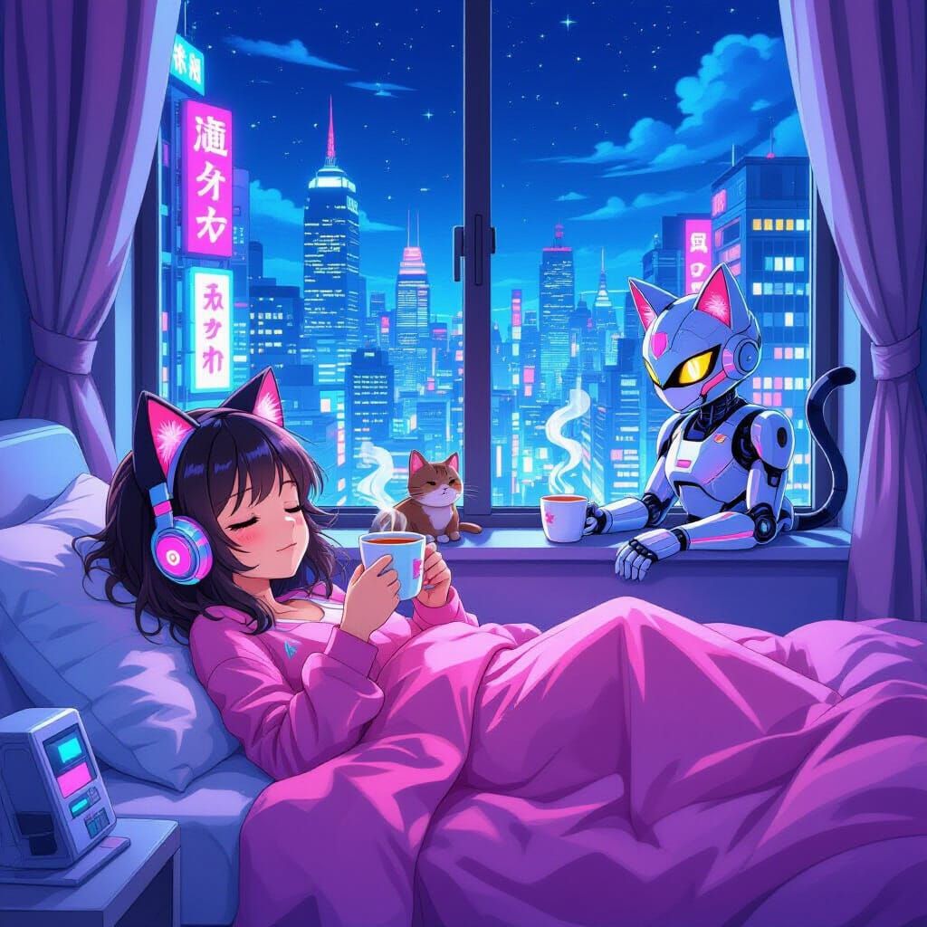 Cyberpunk Anime Girl with Robot and Cat