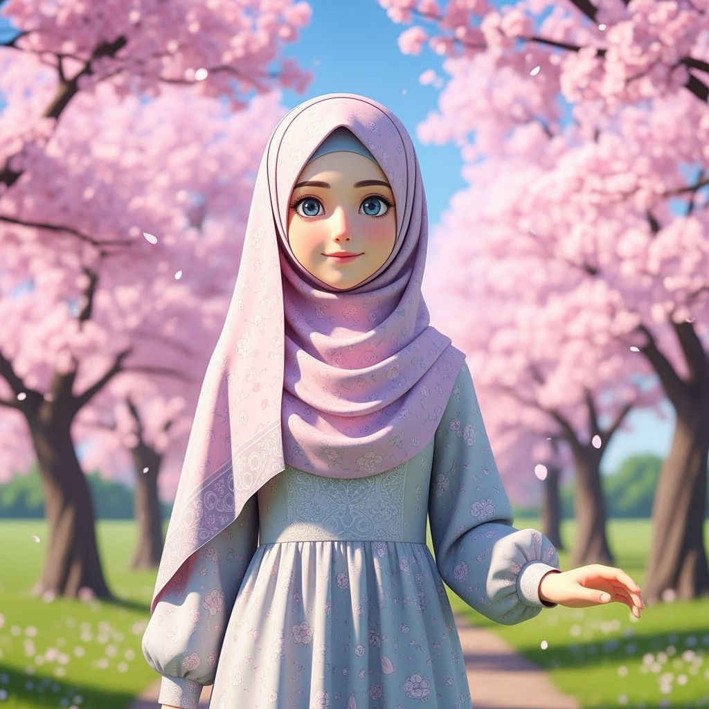 Anime Muslim Girl in Cherry Blossom Garden, Ghibli Style