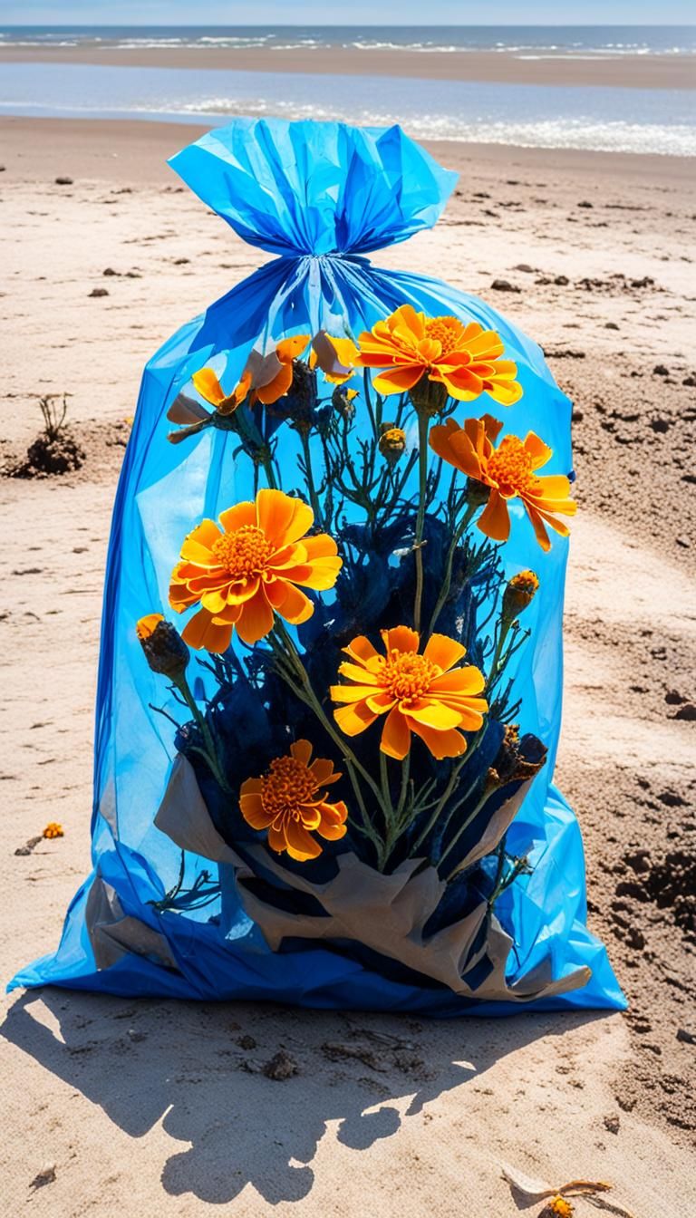 Rotting Marigolds in Washed-Up Plastic Bag