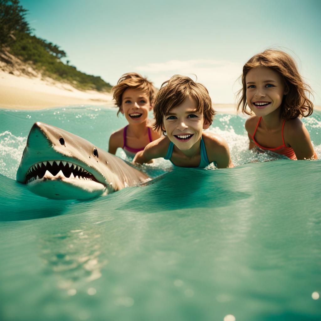 Kids at the Beach with Shark: National Geographic Style