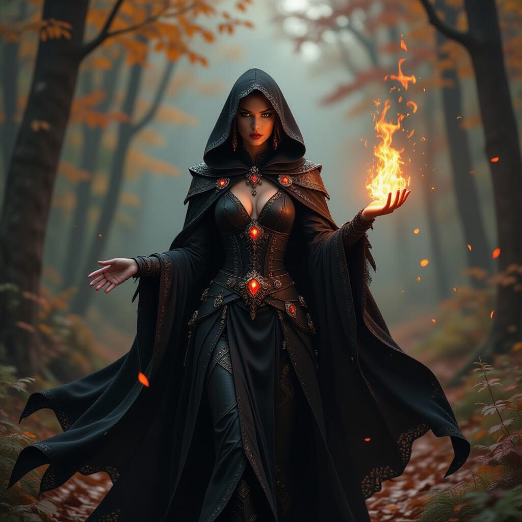 Sorceress Conjures Flames in Enchanted Autumn Forest