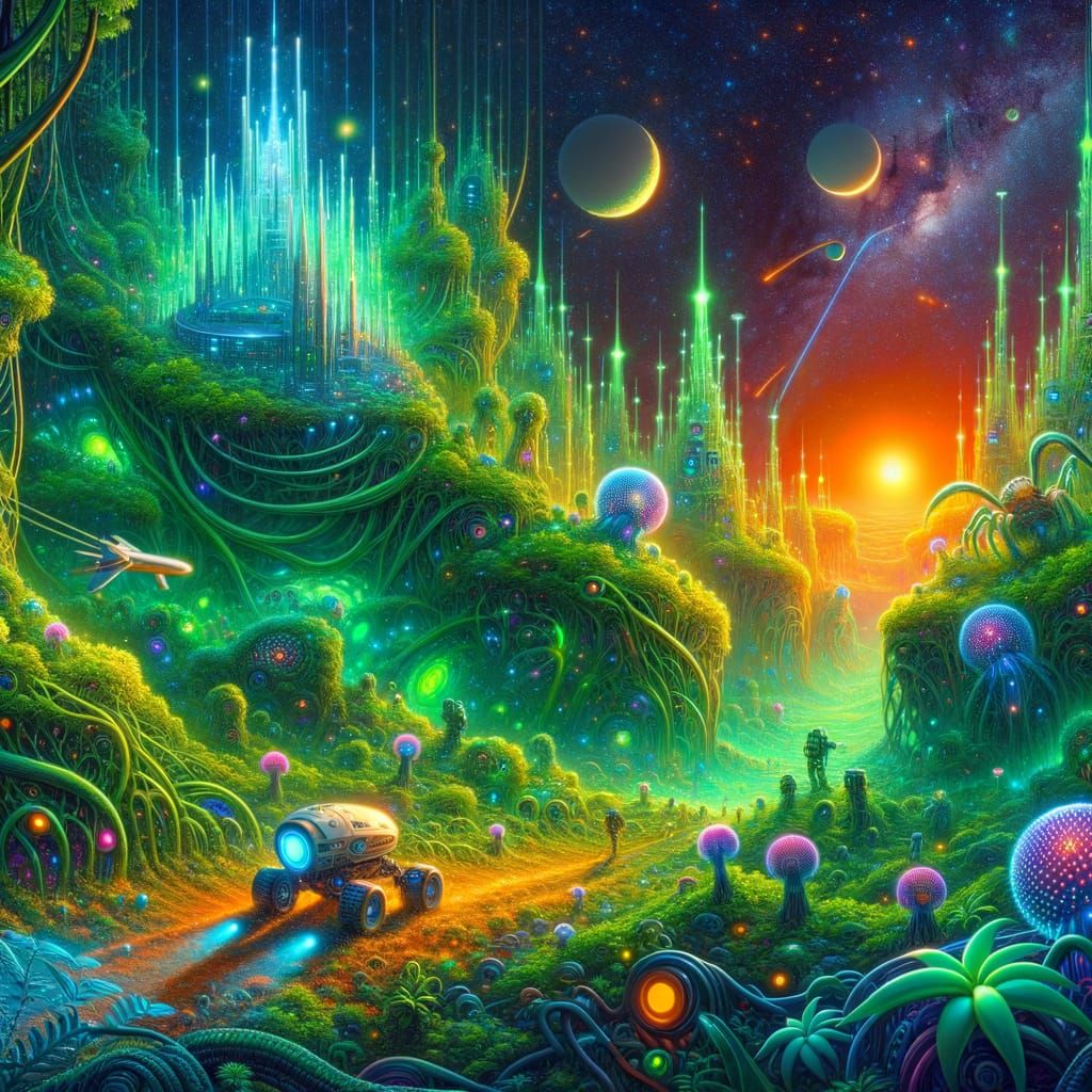 Alien Jungle Under Binary Sunset - Digital Painting