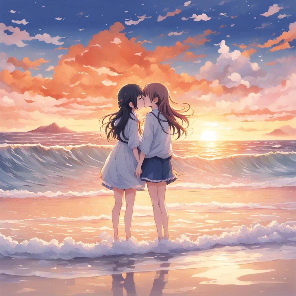 Girls Kissing on Beach in Anime Style