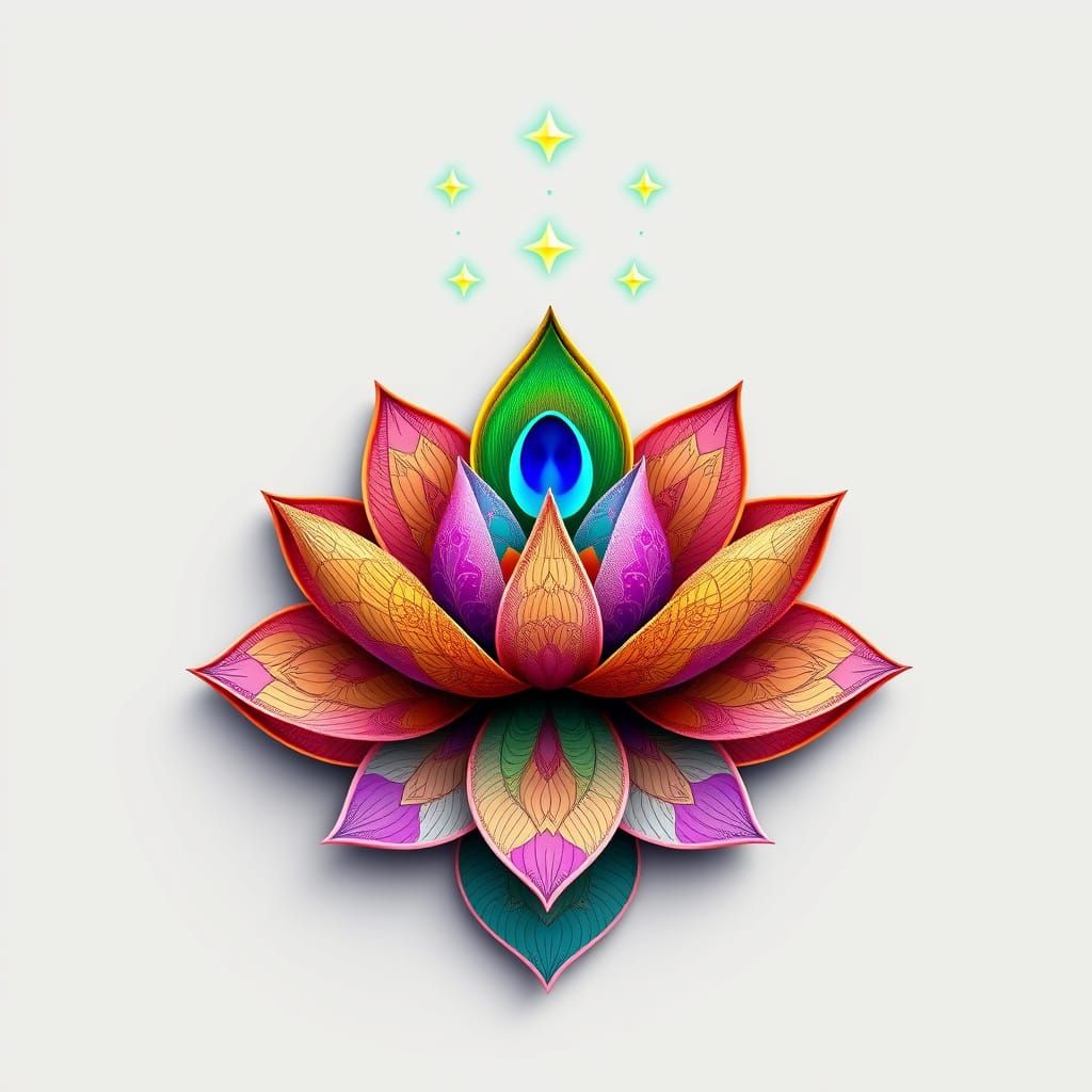 Lotus Flower with Peacock Feather in 3D Abstract