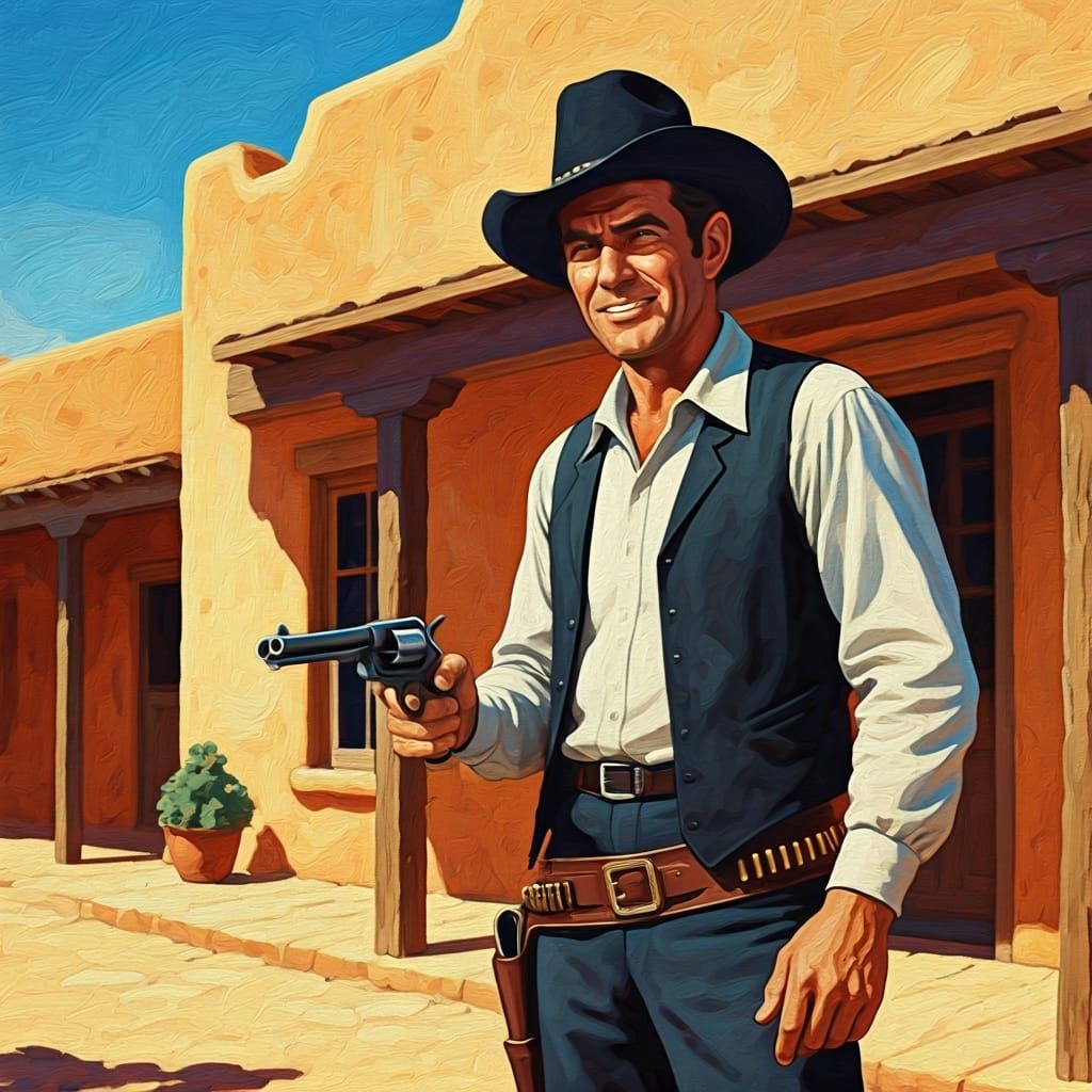 Cowboy with Colt Six-Shooter, Impressionistic Oil Painting