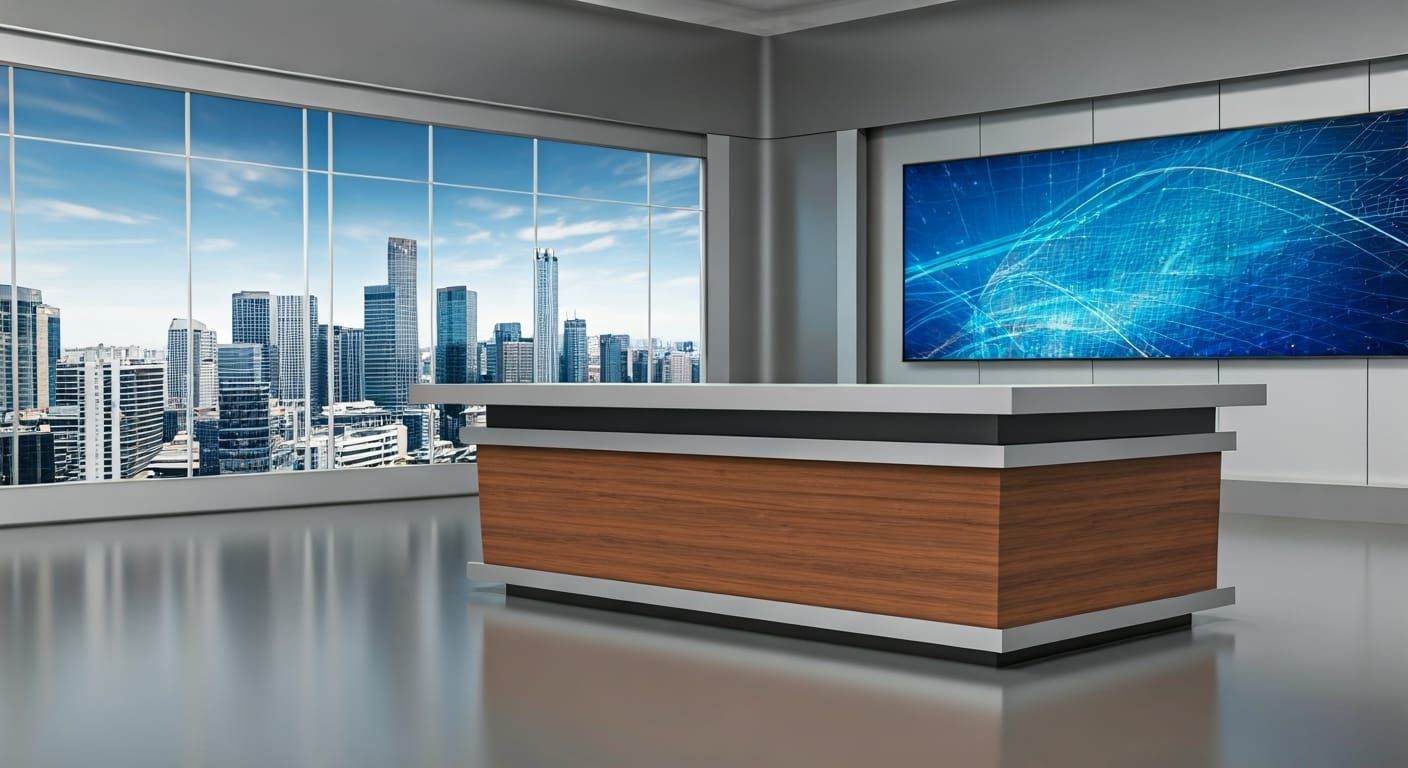 Modern News Studio Background with Cityscape TV